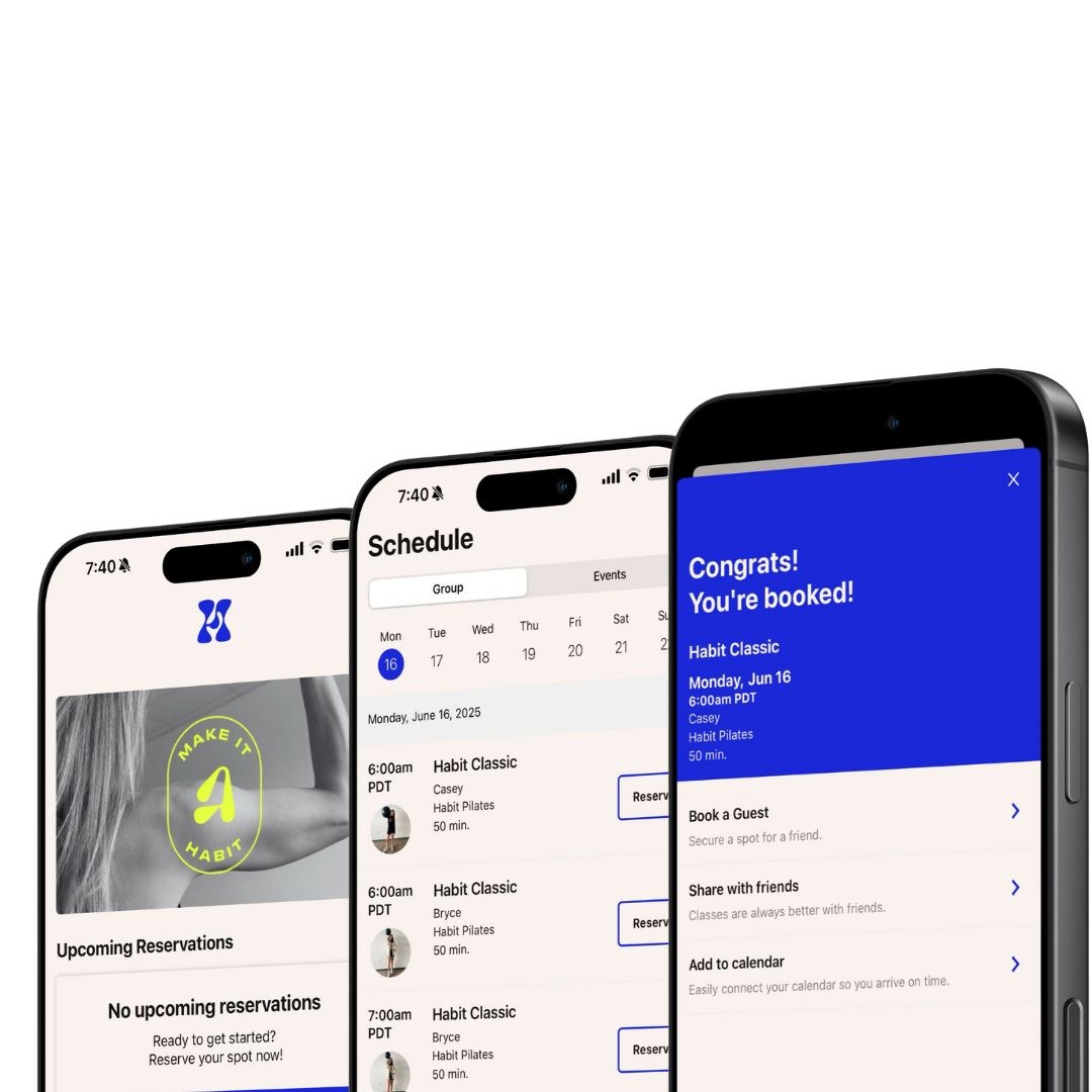 Habit Pilates app showing the class schedule and booking confirmation