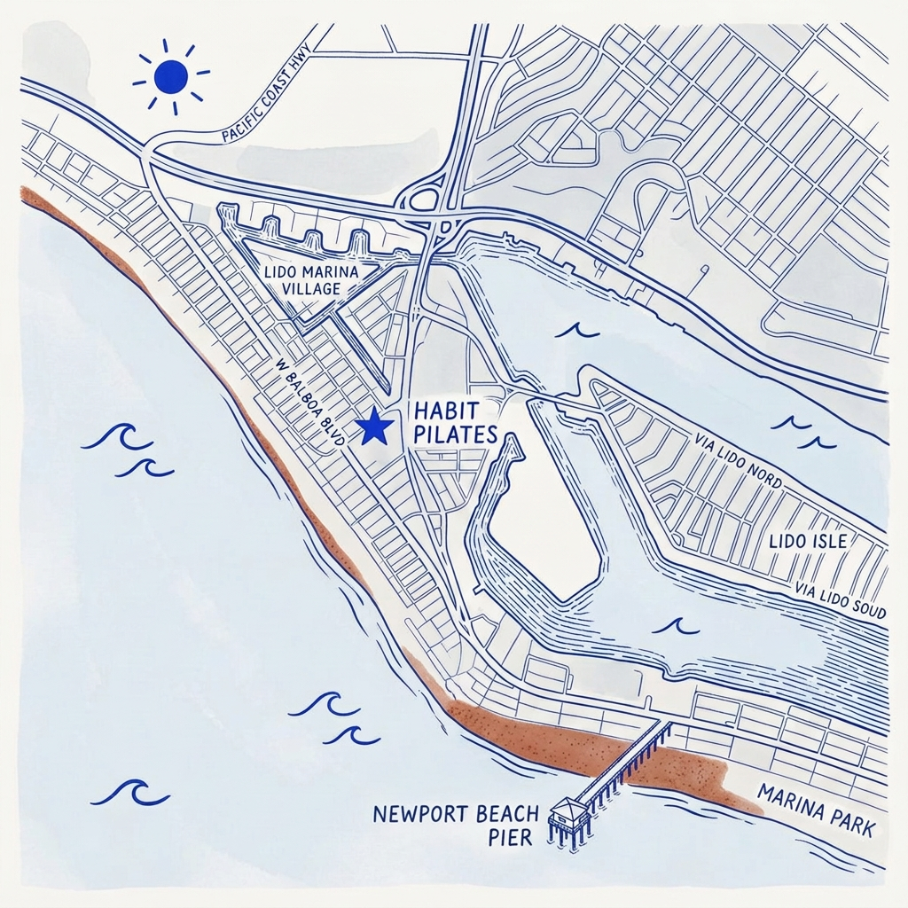 Hand-drawn cobalt map of the Newport Beach peninsula with Habit Pilates starred on W Balboa Blvd, near Lido Marina Village, Lido Isle and Newport Beach Pier